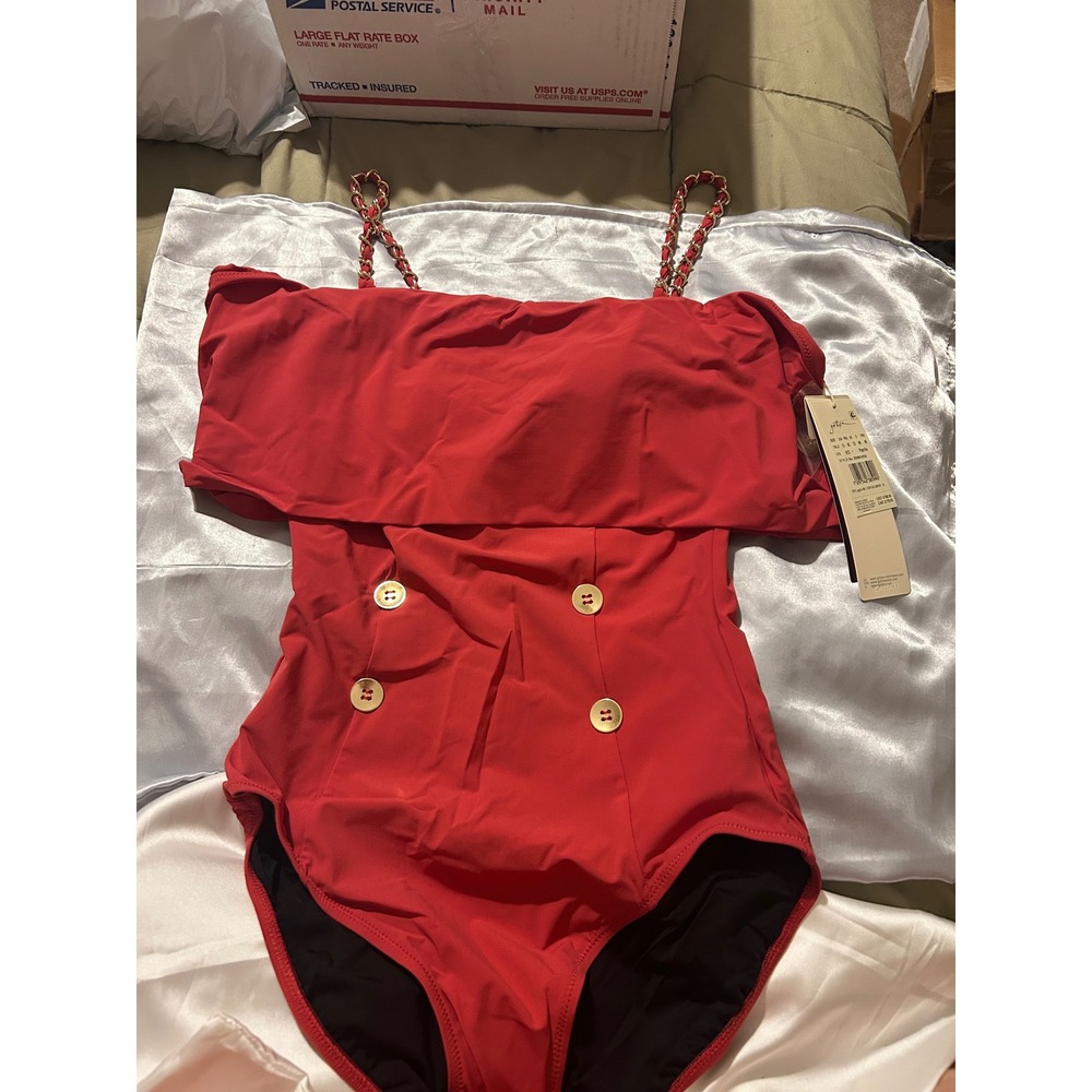 Gottex Women Paprika Ruffle One Piece Swimsuit Nautical Button Chain Strap 10